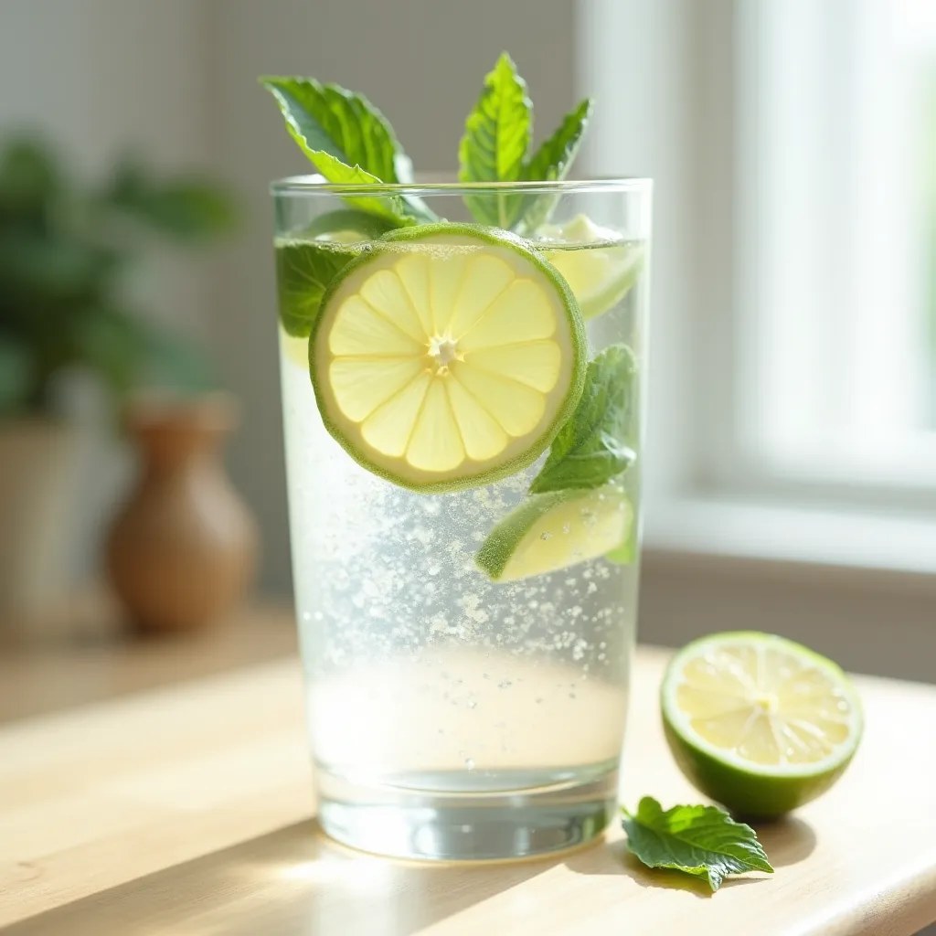 Verre d'eau fraîche avec citron et menthe